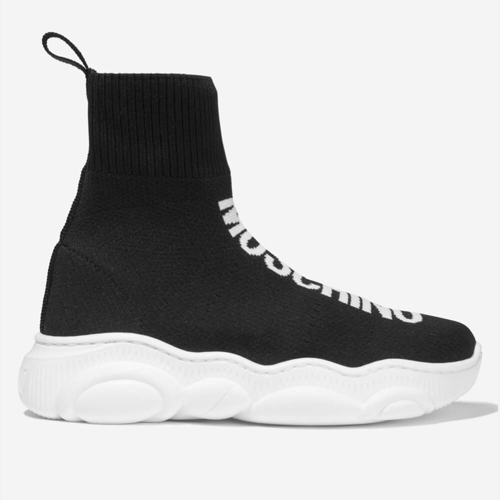 Moschino Unisex Black & White Trainers (Sock Style) Hi-Top Teddy Sole And Maxi Logo Print