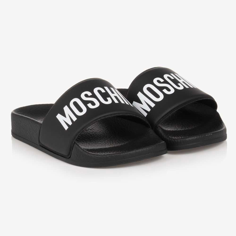 Moschino Unisex Black & White Pool Sliders Maxi Logo Print