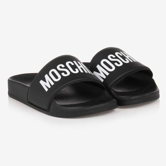 Moschino Unisex Black & White Pool Sliders Maxi Logo Print
