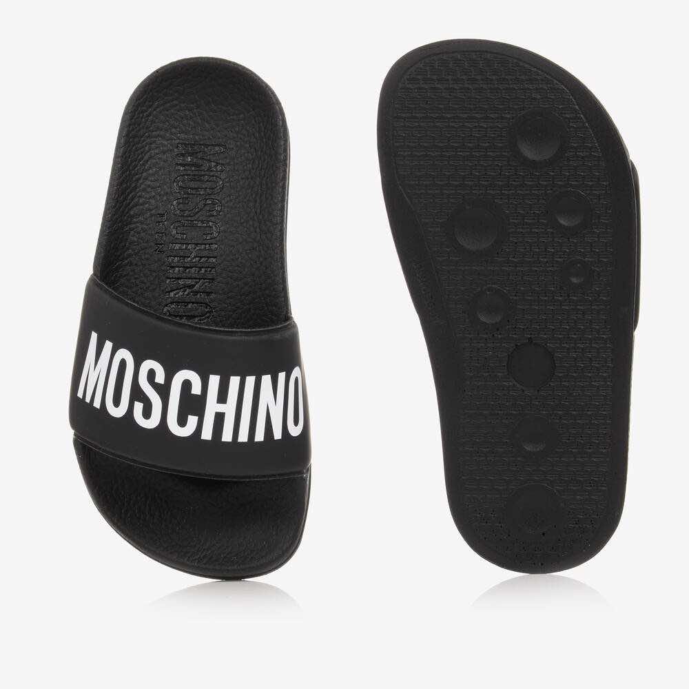 Moschino Unisex Black & White Pool Sliders Maxi Logo Print