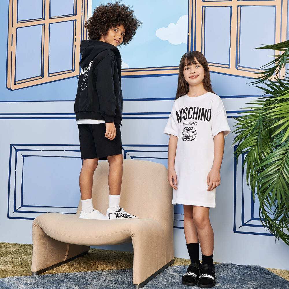 Moschino Unisex Black & White Pool Sliders Maxi Logo Print