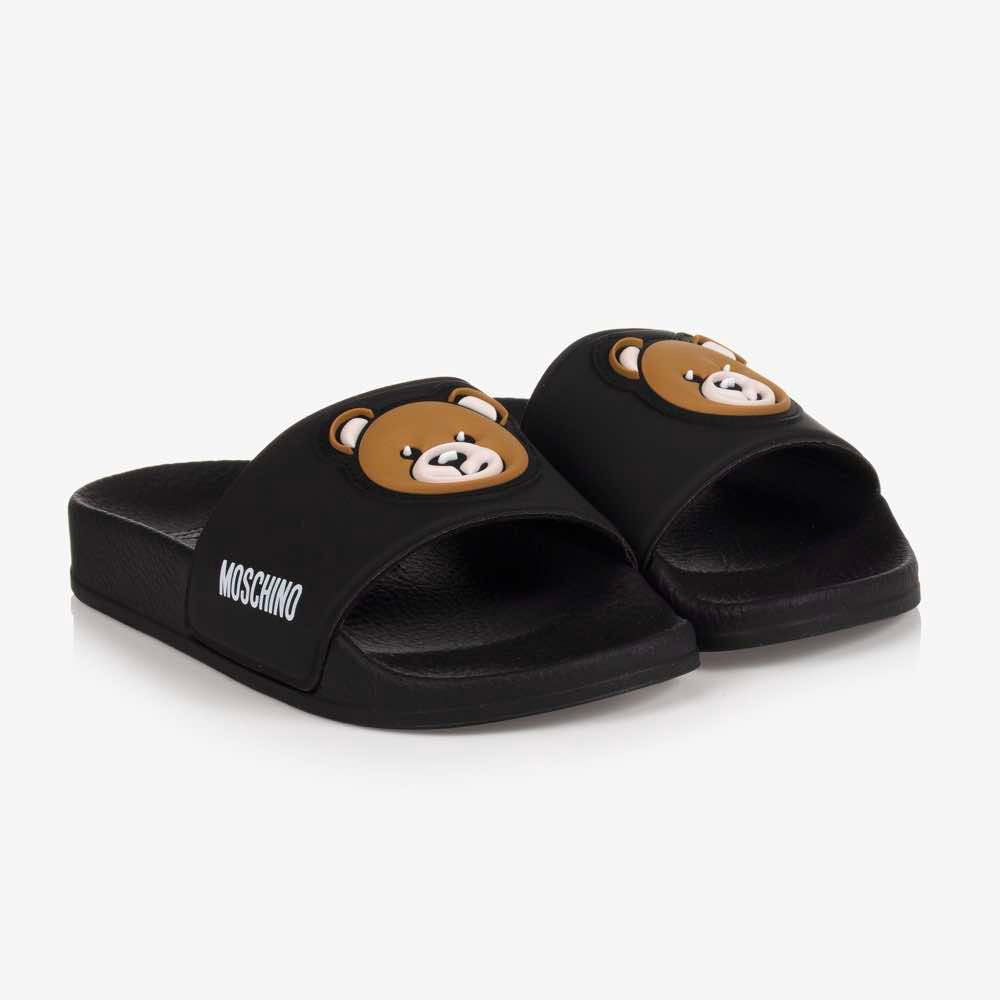 Moschino Unisex Black Pool Sliders Teddy Bear Patch