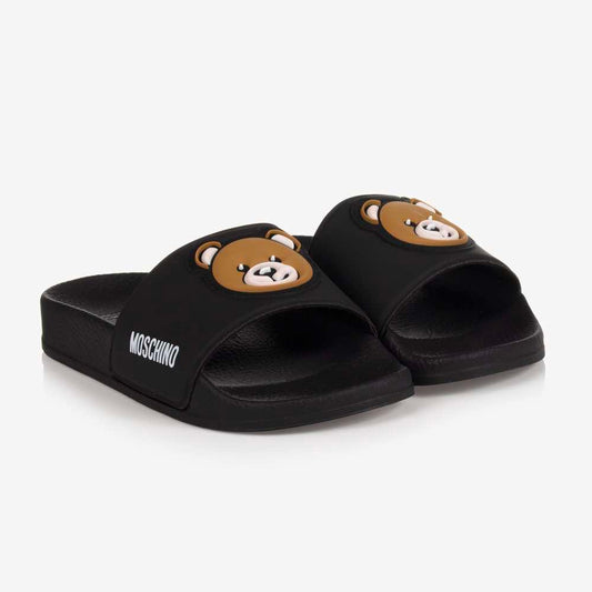 Moschino Unisex Black Pool Sliders Teddy Bear Patch