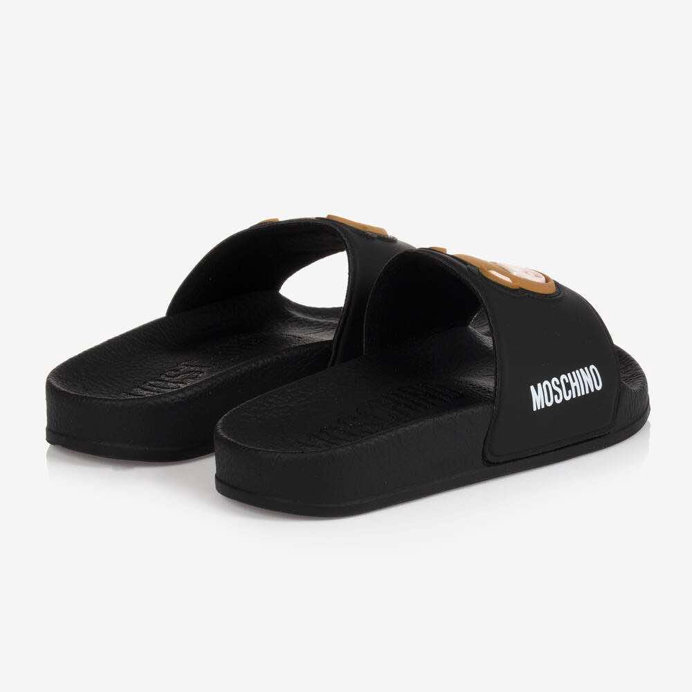 Moschino Unisex Black Pool Sliders Teddy Bear Patch