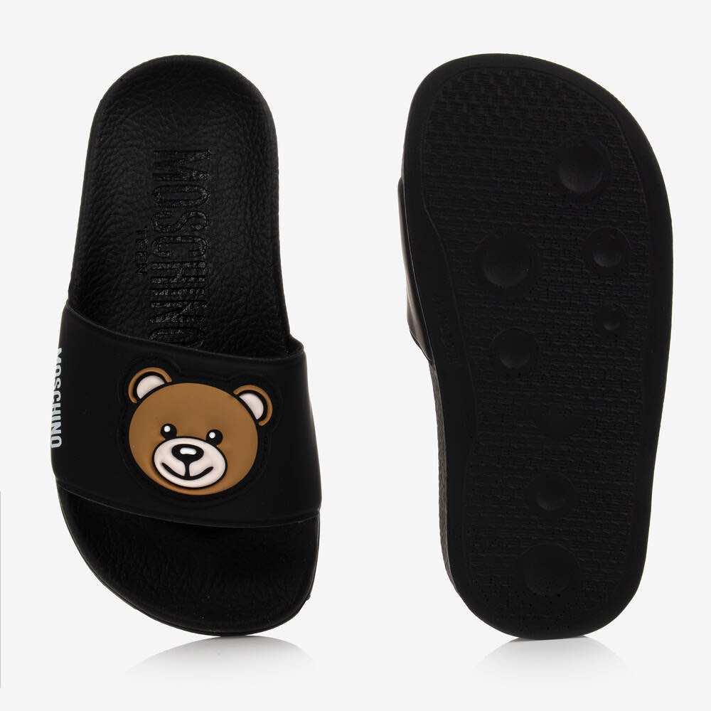 Moschino Unisex Black Pool Sliders Teddy Bear Patch