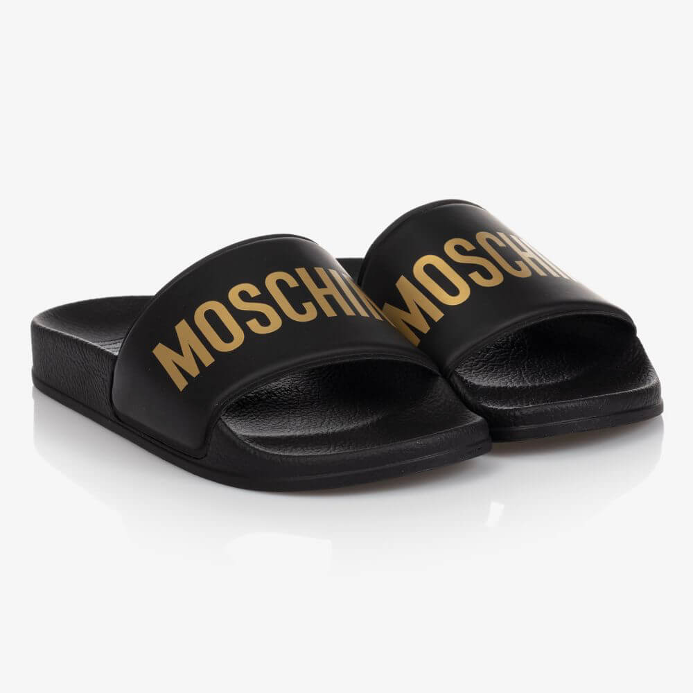 Moschino Unisex Black & Gold Print Pool Sliders With Big Lettering Logo Print