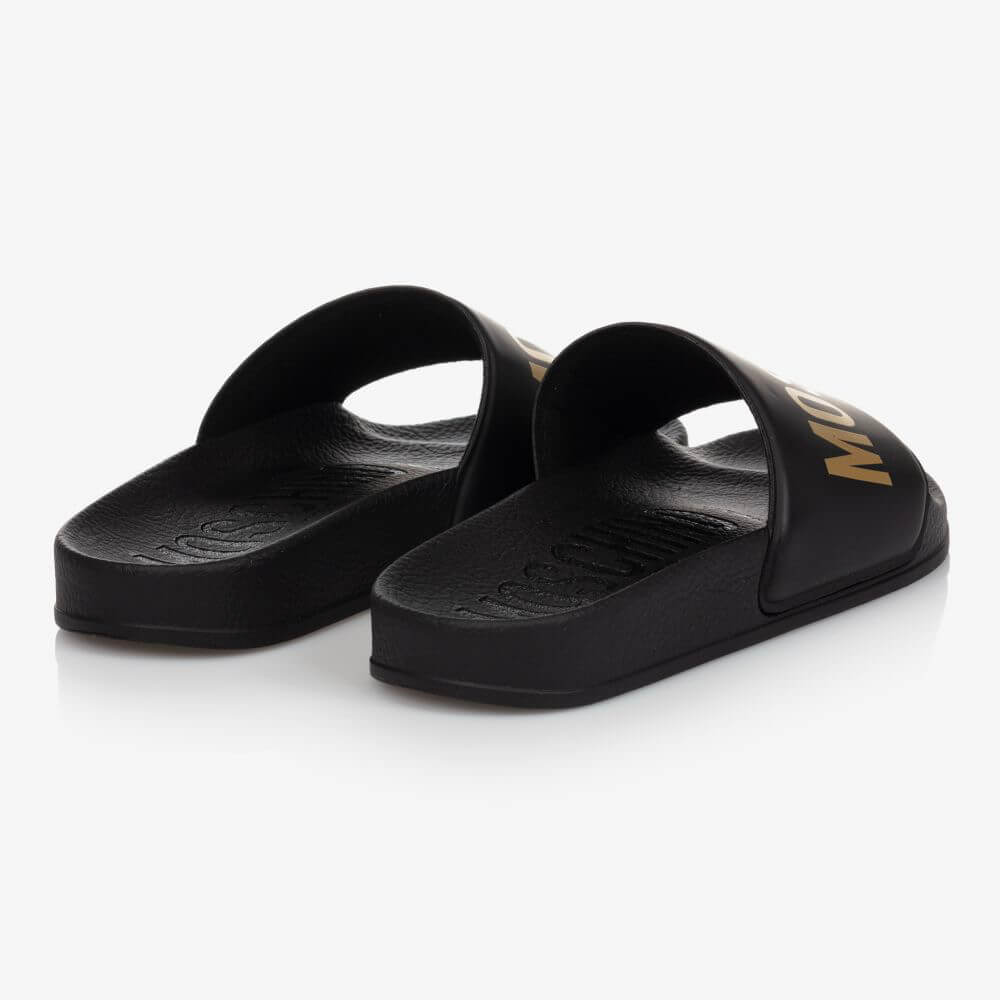 Moschino Unisex Black & Gold Print Pool Sliders With Big Lettering Logo Print