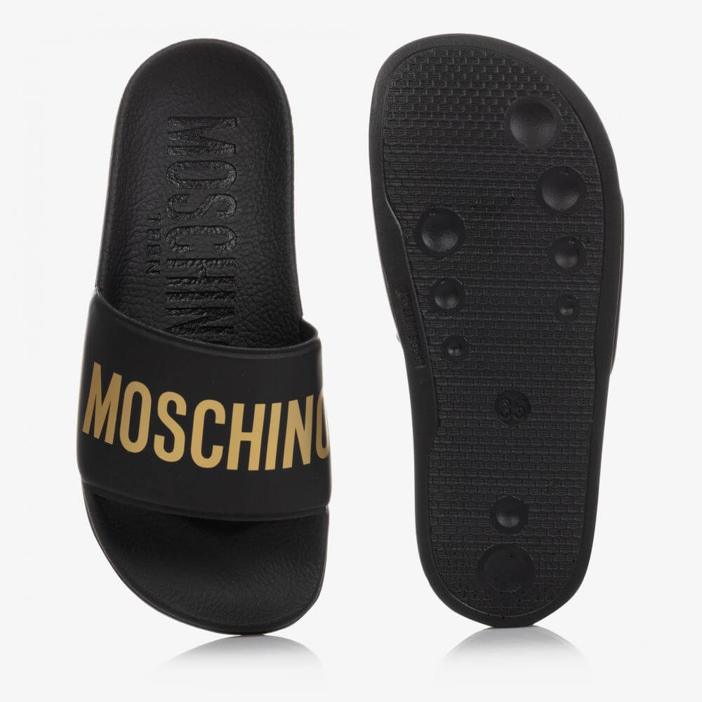 Moschino Unisex Black & Gold Print Pool Sliders With Big Lettering Logo Print