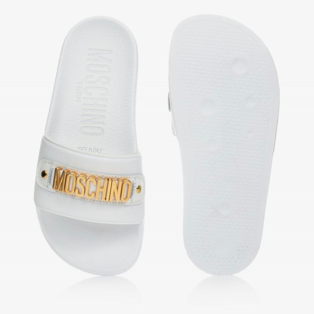 Moschino Unisex White & Gold Lettering Pool Sliders With Metal Lettering Logo
