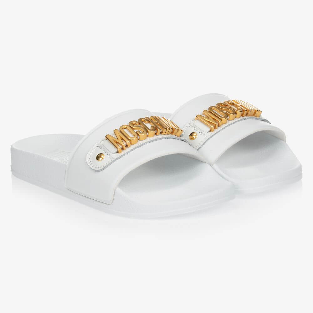 Moschino Unisex White & Gold Lettering Pool Sliders With Metal Lettering Logo
