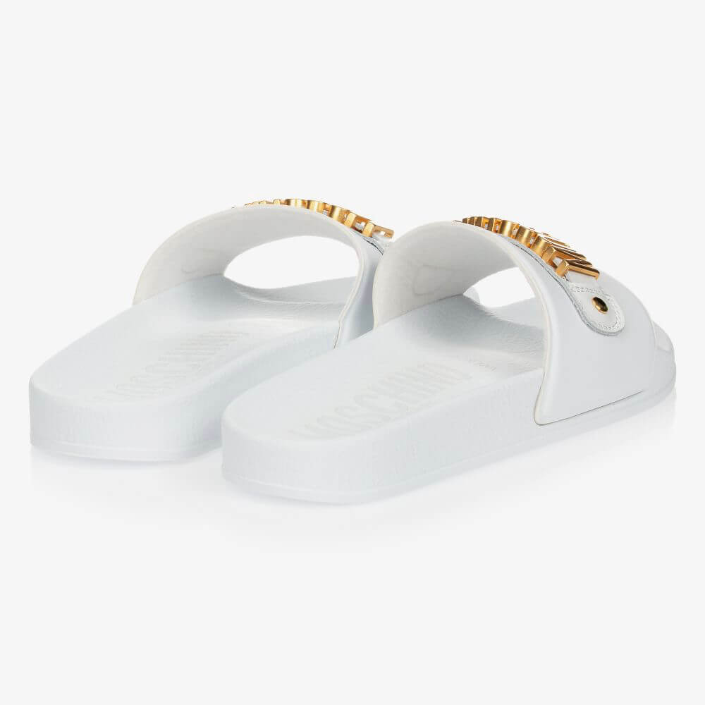 Moschino Unisex White & Gold Lettering Pool Sliders With Metal Lettering Logo