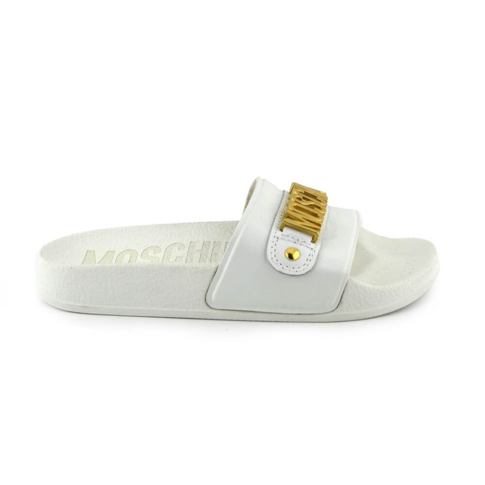 Moschino Unisex White & Gold Lettering Pool Sliders With Metal Lettering Logo