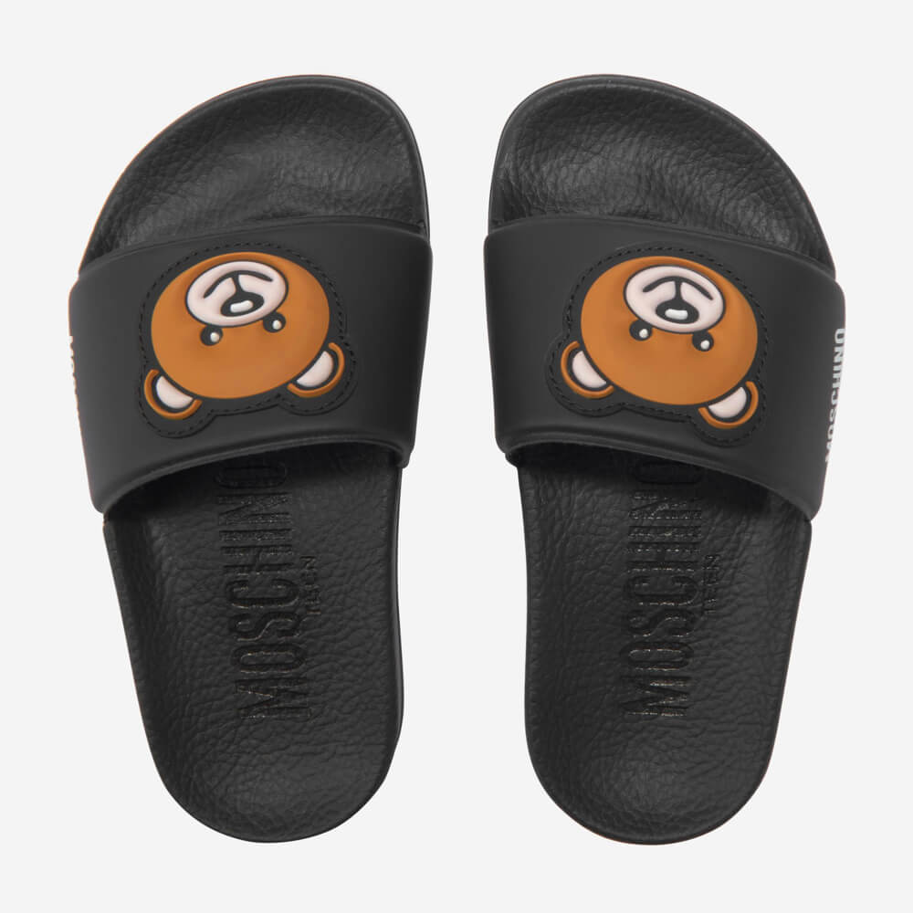 Moschino Unisex Black Pool Sliders With Teddy Bear PVC Patch