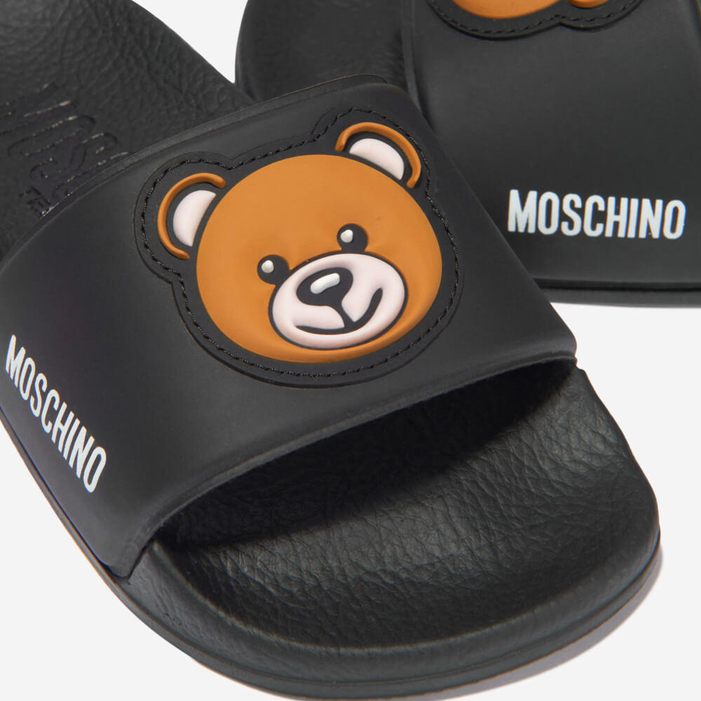 Moschino Unisex Black Pool Sliders With Teddy Bear PVC Patch