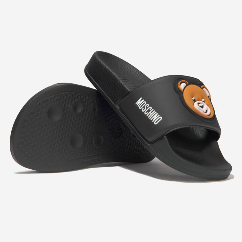 Moschino Unisex Black Pool Sliders With Teddy Bear PVC Patch