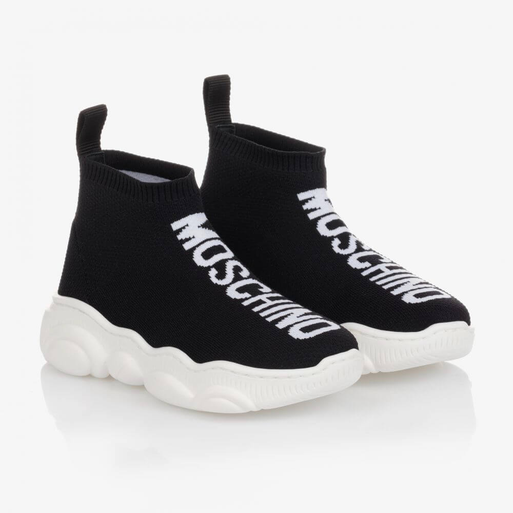 Moschino Unisex Black & White Print Sock Trainers With Teddy Bear Sole Lettering Logo Print