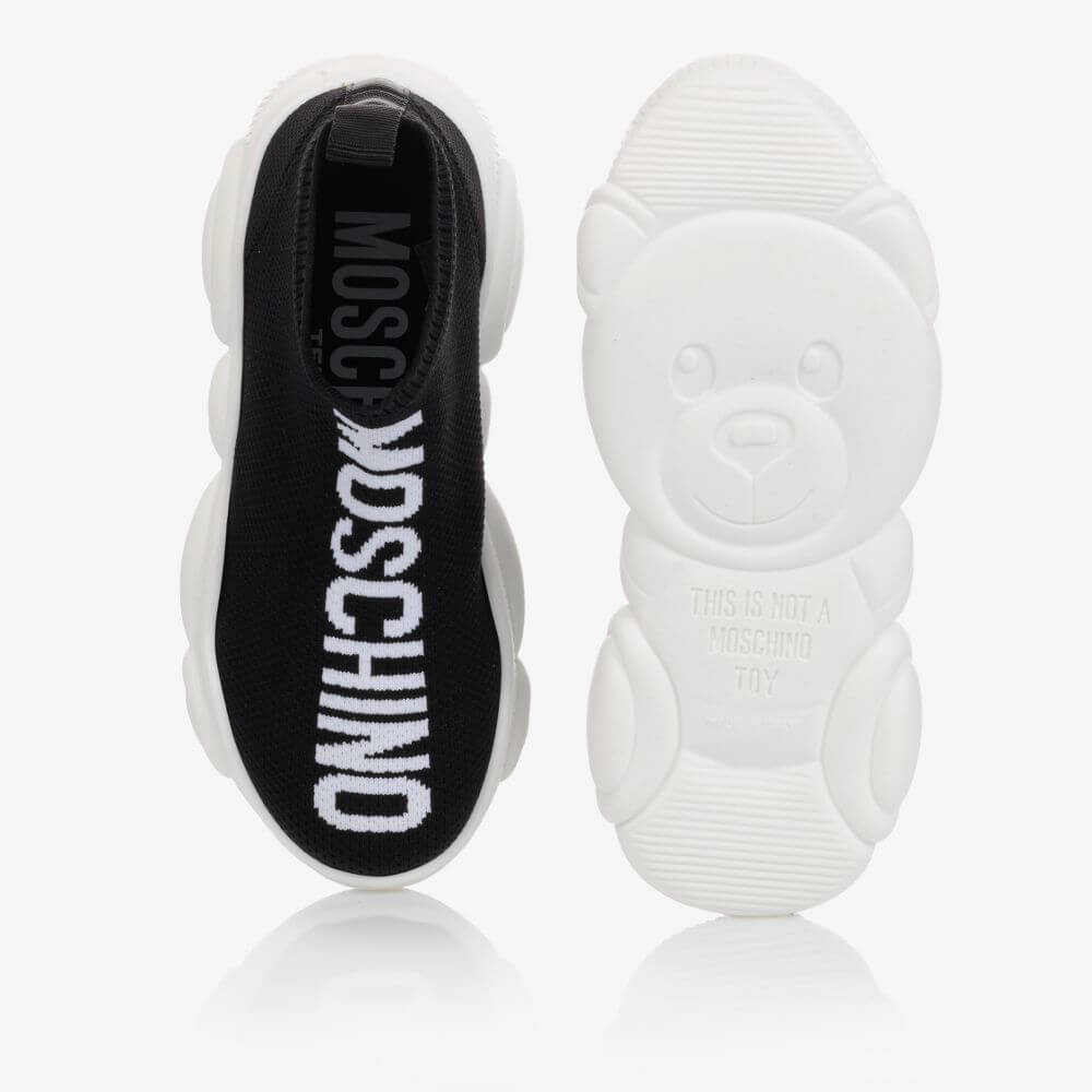 Moschino Unisex Black & White Print Sock Trainers With Teddy Bear Sole Lettering Logo Print