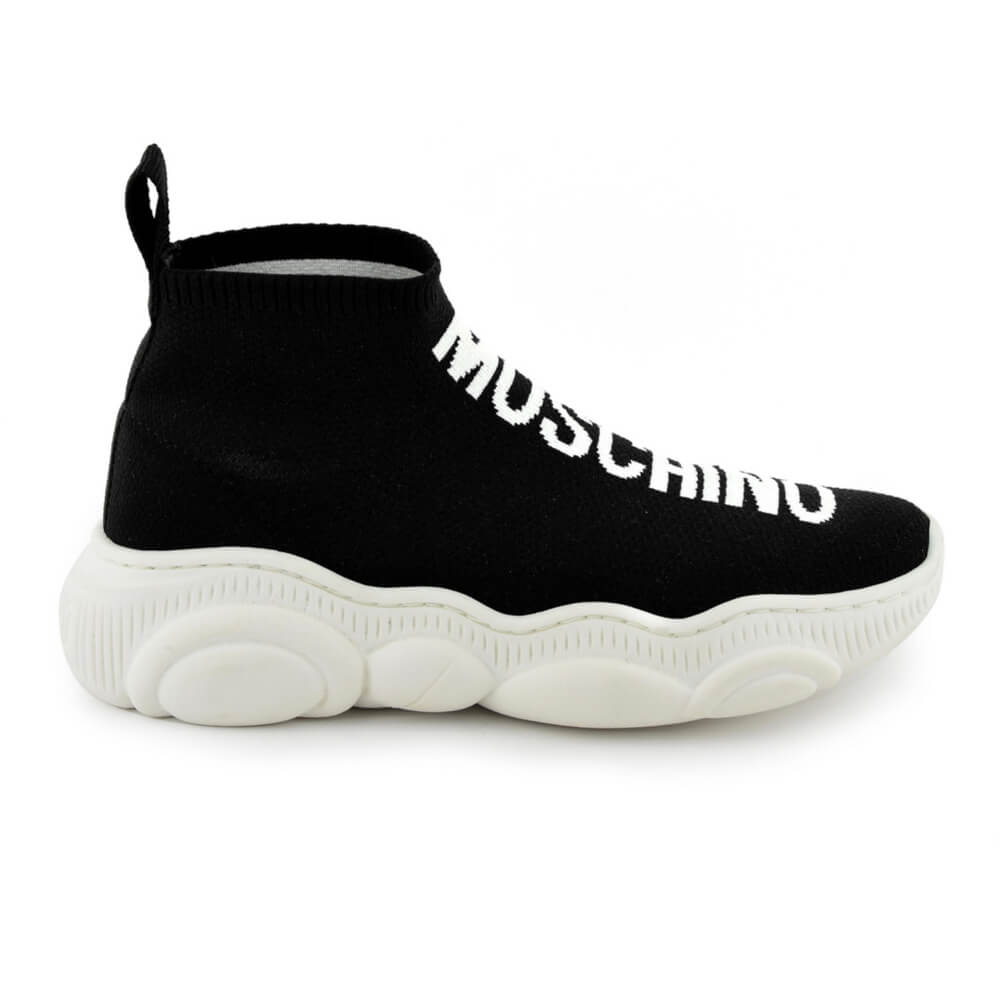 Moschino Unisex Black & White Print Sock Trainers With Teddy Bear Sole Lettering Logo Print