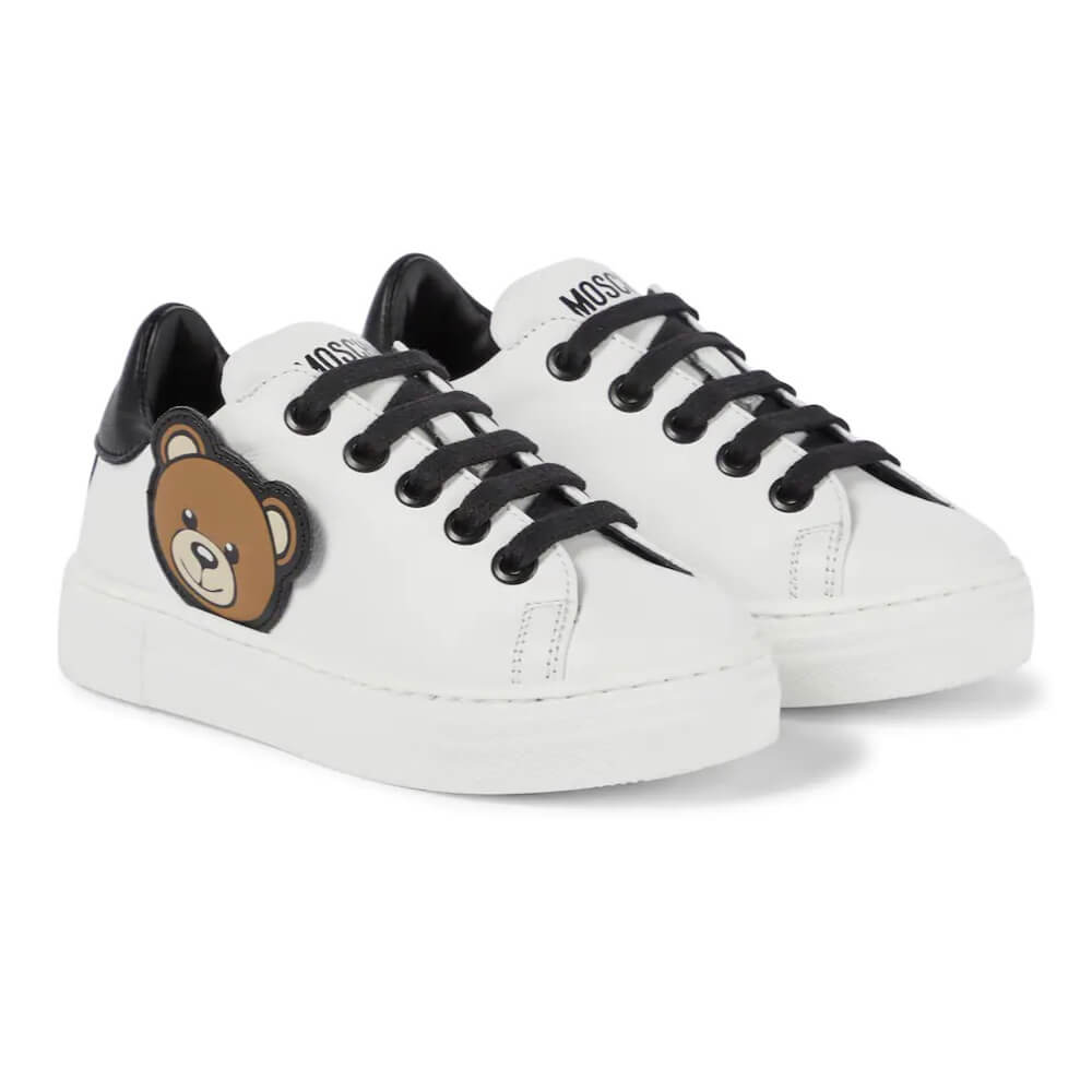 Moschino Unisex White & Black Trainers With Laces and Teddy Bear Patch