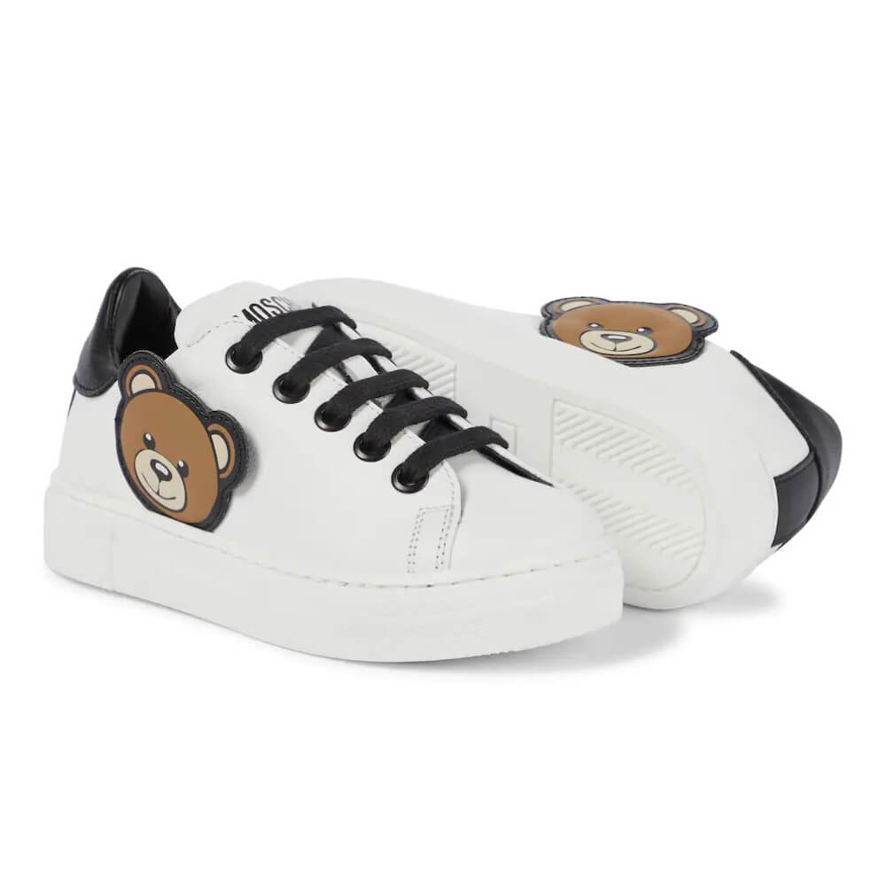 Moschino Unisex White & Black Trainers With Laces and Teddy Bear Patch