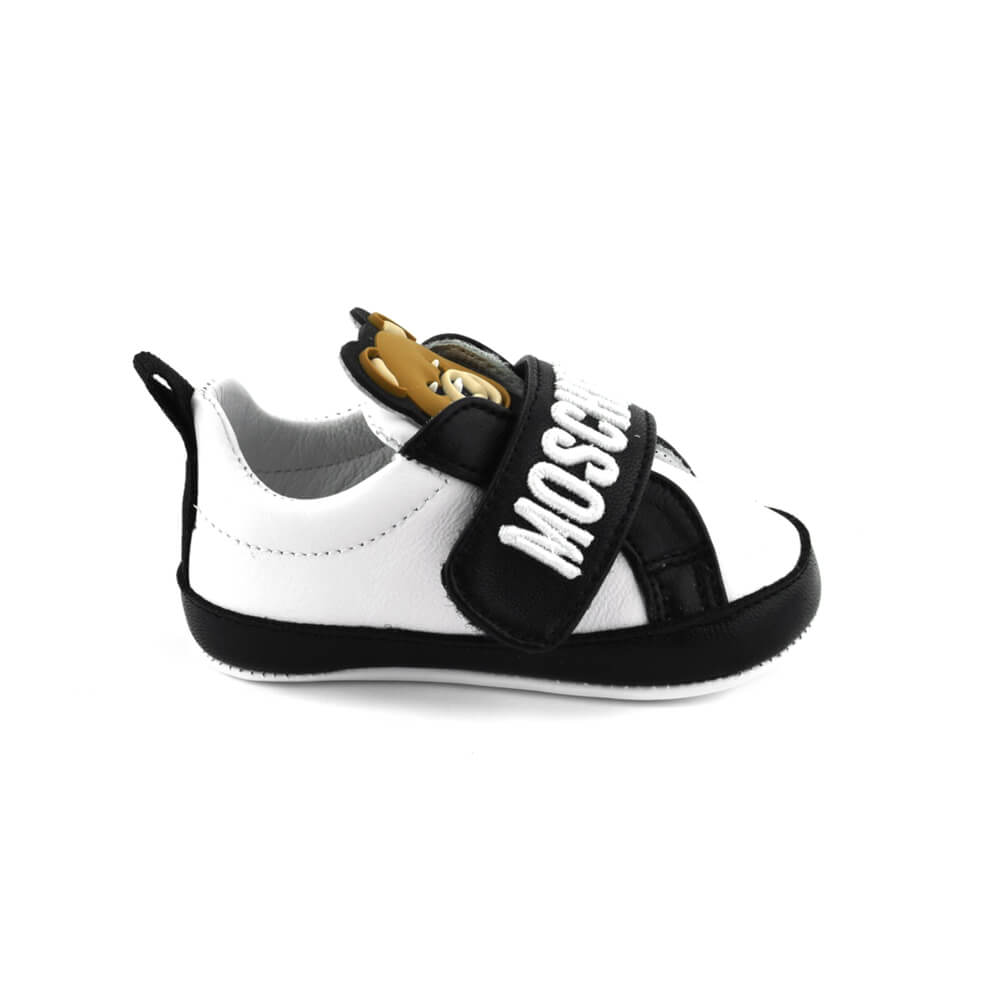 Moschino Unisex Black & White Trainers Strap Teddy Patch And Embroidered Logo