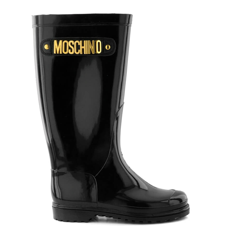 Moschino Unisex Black & Gold PVC Rain Boots With Galvanic Lettering Logo