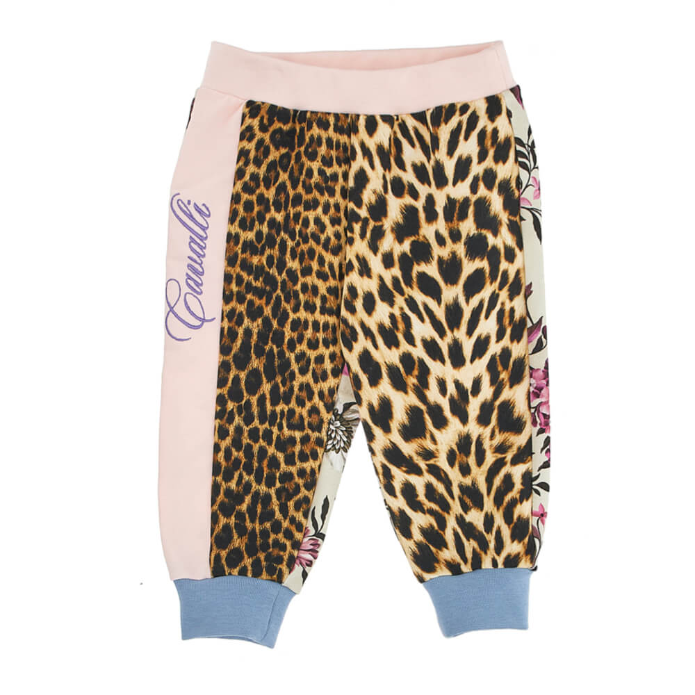 Roberto Cavalli Baby Girls Leopard Pink & Blue Fleece Joggers With Flower Pattern