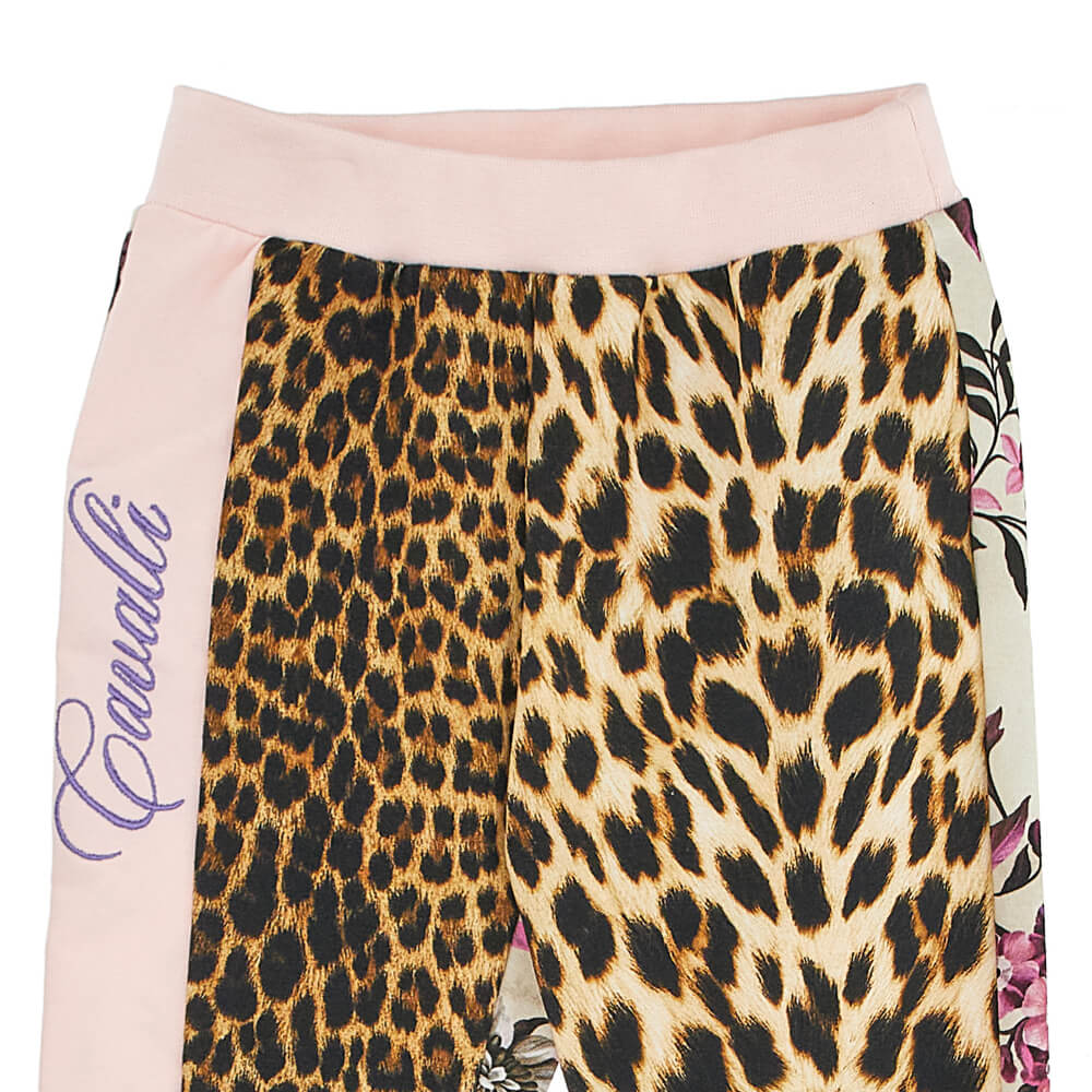Roberto Cavalli Baby Girls Leopard Pink & Blue Fleece Joggers With Flower Pattern