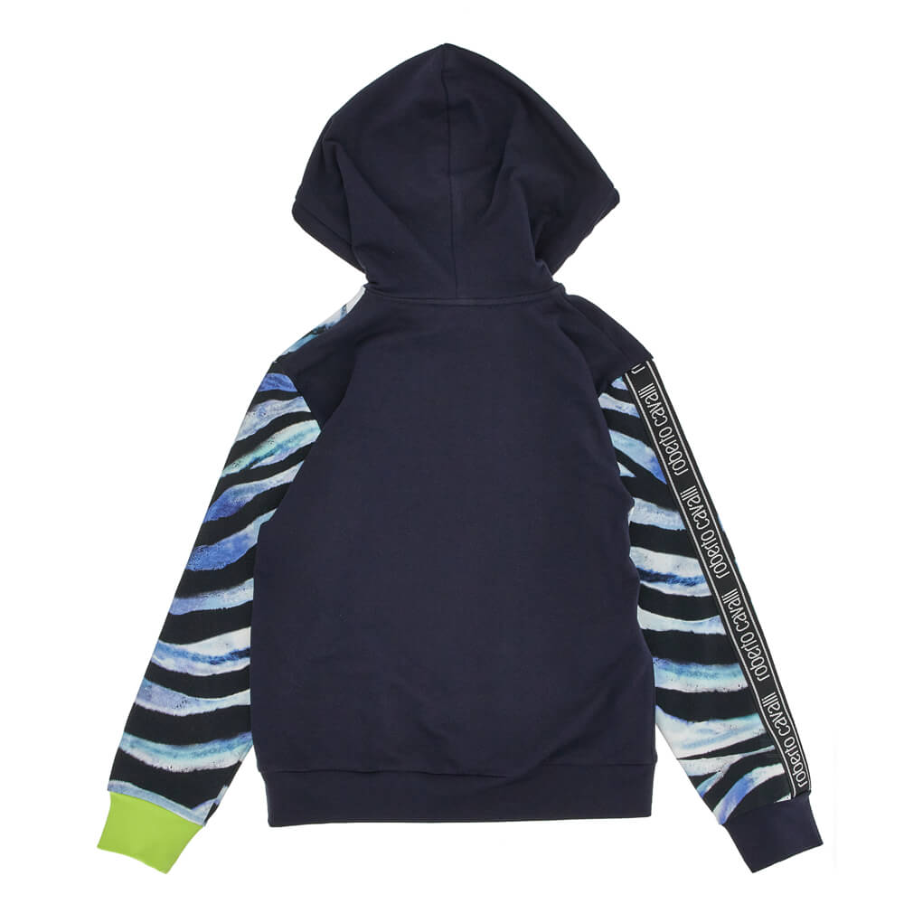 Roberto Cavalli Boys Navy & Multi-Colour Fleece Hoodie Tiger Pattern