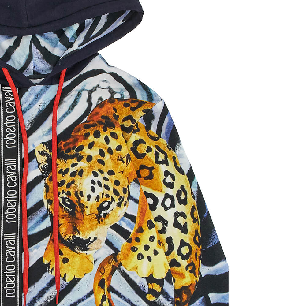 Roberto Cavalli Boys Navy & Multi-Colour Fleece Hoodie Tiger Pattern