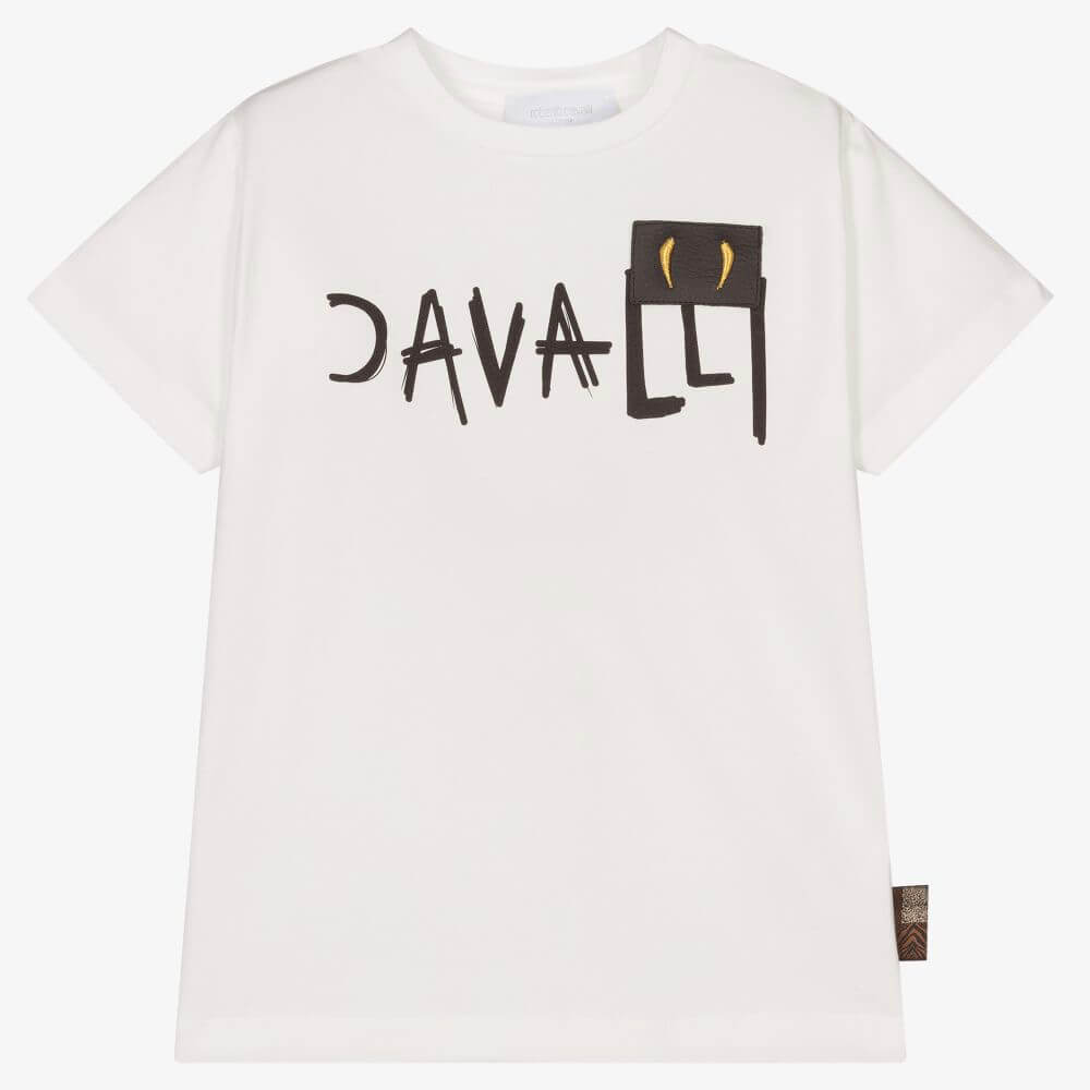 Roberto Cavalli Boys White Tiger Tooth-embellished patch Jersey T-Shirt
