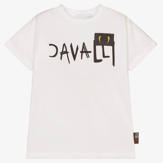 Roberto Cavalli Boys White Tiger Tooth-embellished patch Jersey T-Shirt