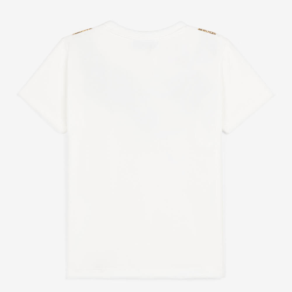 Roberto Cavalli Girls White T-Shirt with Printed Shoulders