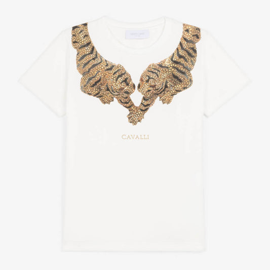 Roberto Cavalli Girls White T-Shirt with Printed Shoulders