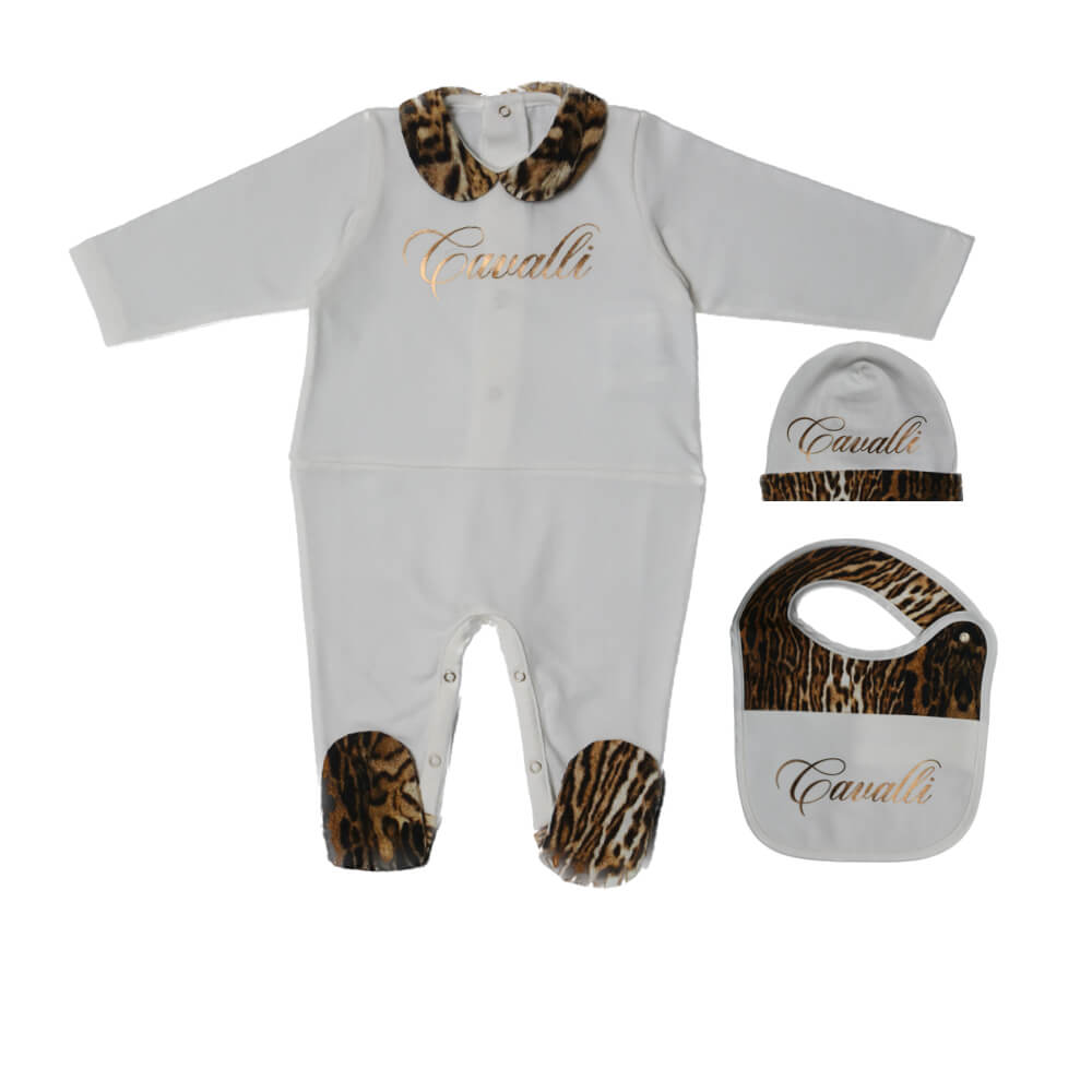 Roberto Cavalli Unisex White & Natural Babysuit