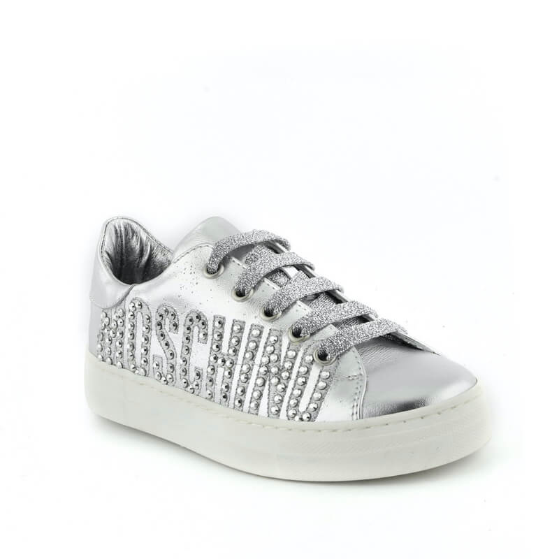 Moschino Girls Silver Trainers With Moschino Logo And Box Lace Up Style