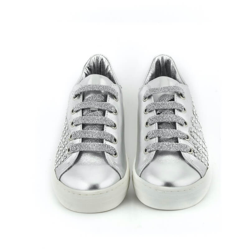 Moschino Girls Silver Trainers With Moschino Logo And Box Lace Up Style