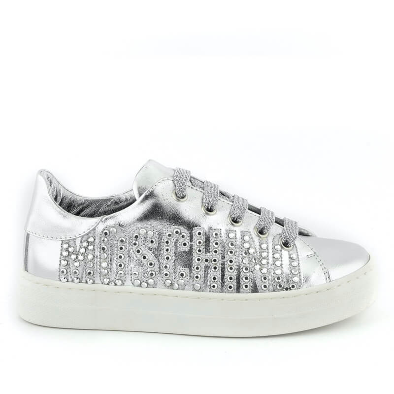 Moschino Girls Silver Trainers With Moschino Logo And Box Lace Up Style
