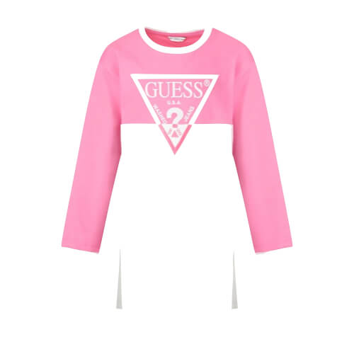 Guess Girls White & Pink With Triangle Guess Logo Long Sleeve Dress